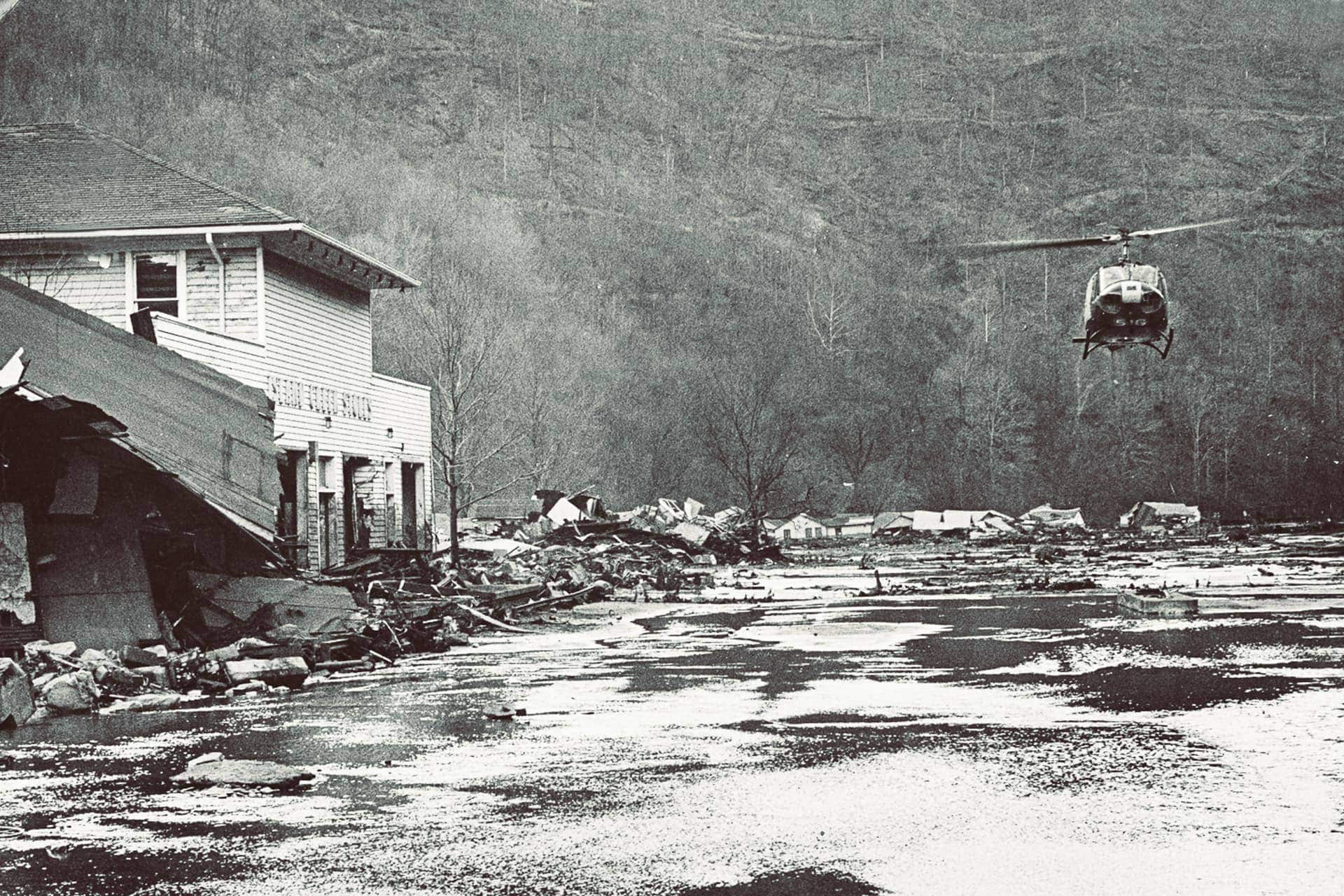 Helicopter above the devastation on Buffalo Creek.
