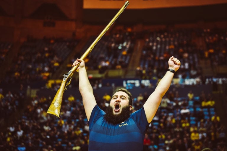 Timothy Eads celebrates being named the Mountaineer Mascot