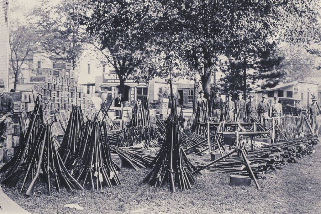 National Guard troops at the state capitol guard weapons seized in the Paint Creek-Cabin Creek Mine War of 1912-13.