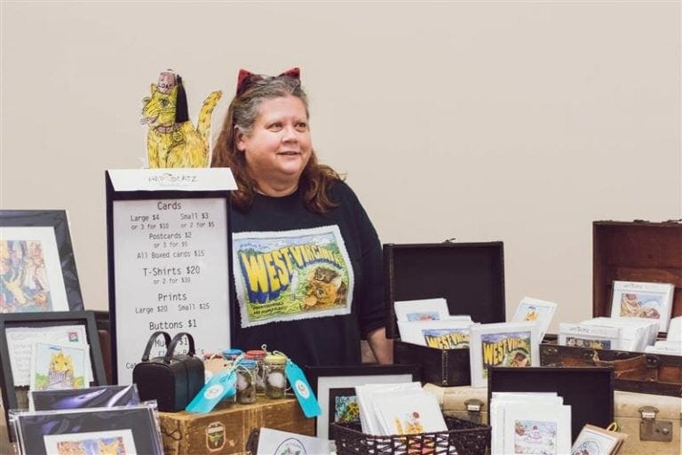 Brenda Pinnell of HepCatz Design from Charleston discusses how her eclectic pen-and-ink kitty drawings came to be at a previous Spring Into Art show.