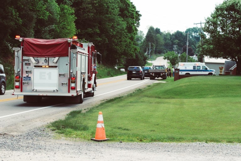 First responders on scene at an accident on the Old Elkins Road involving a 13-year-old boy riding a bicycle.