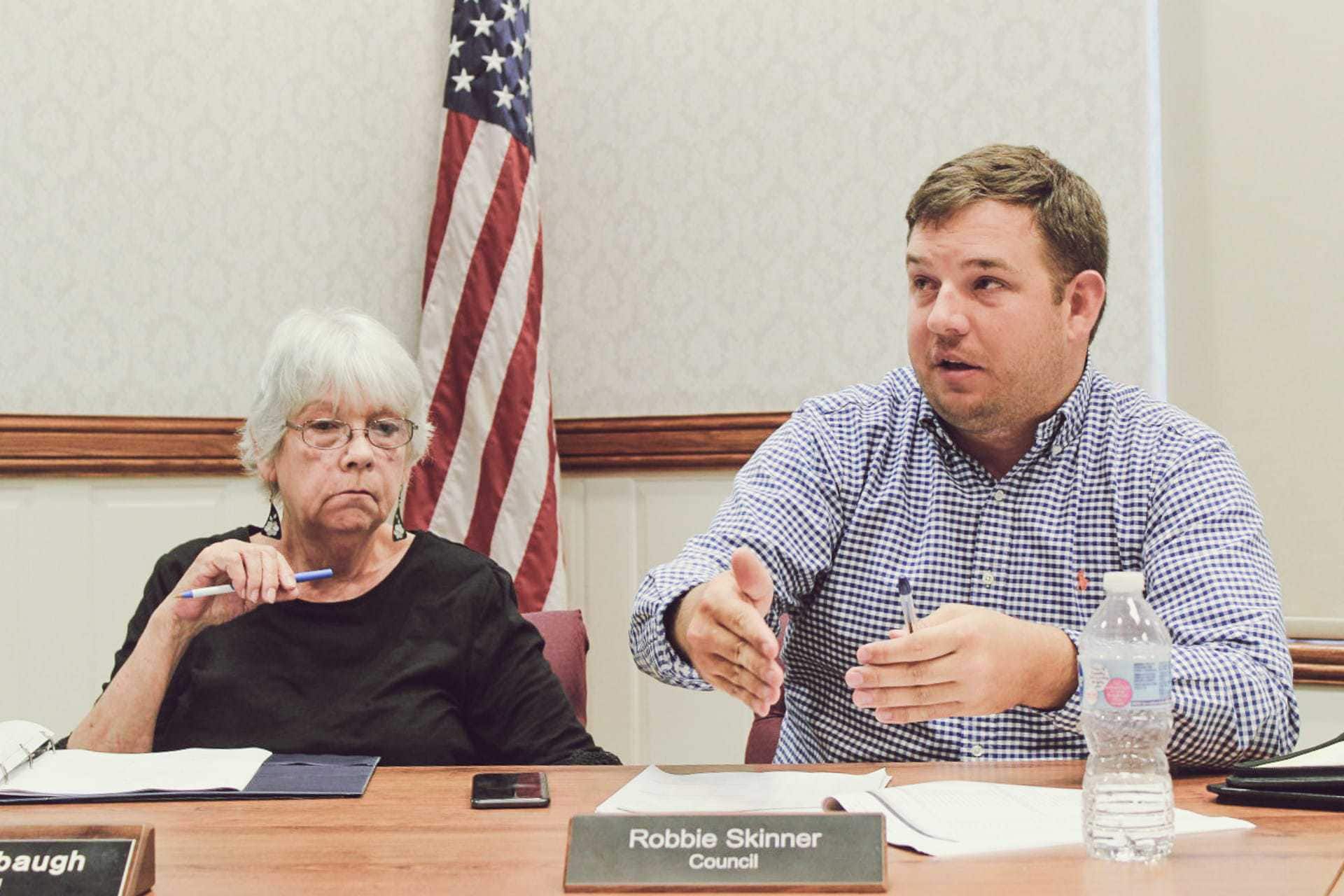 City councilman Robbie Skinner discusses problems with speeding drivers around town at Tuesday's Buckhannon City Council meeting. Councilwoman Mary Albaugh is also pictured.