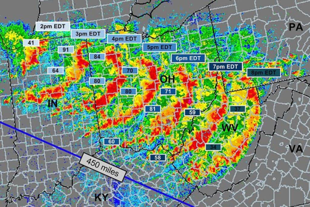 A timeline of the derecho event. The system began in northern Indiana and consistently produced winds between 50-90mph.