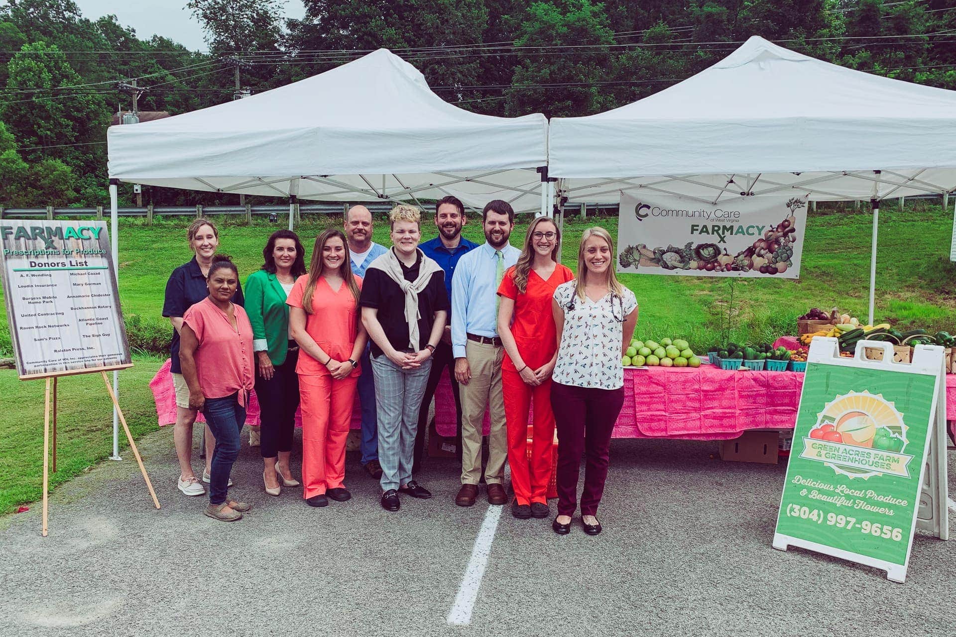 Pictured left to right: Becky Kniley, WVU Extension Agent, Pati Espinosa, Green Acres Farm, and CCWV staff members, Nicole Warren, Kelsey Burgess, Sean Barnett, PA-C, Trevor Haddix, Joshua Dunn, PharmD, Nathaniel Linger, MD, Lisa Fidler, and Jenna Ward, PA-C.