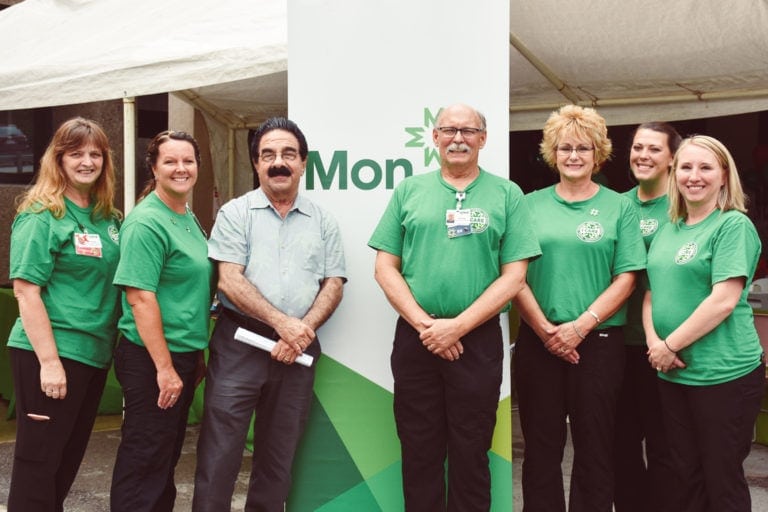 The SJMH Pulmonary Rehab Employees. First row, left to right – Peggy Burkhammer, Kristi Gannon, medical director Frank Scattaregia, George Butcher, Susan Carpenter, Cassandra Hinzman, and Tiffany Lowther. Not pictured is Marion Bennett.