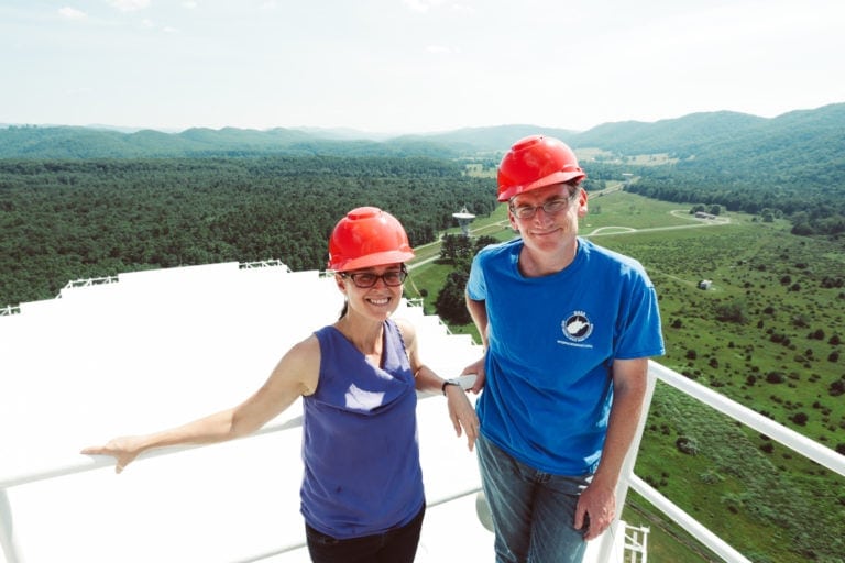 WVU's Maura McLaughlin and Duncan Lorimer use the Green Bank Observatory for research. Here, McLaughlin and Lorimer are standing on top the Green Bank Telescope, which they used to help detect the most massive neutron star ever. CREDIT: Scott Lituchy/West Virginia University.