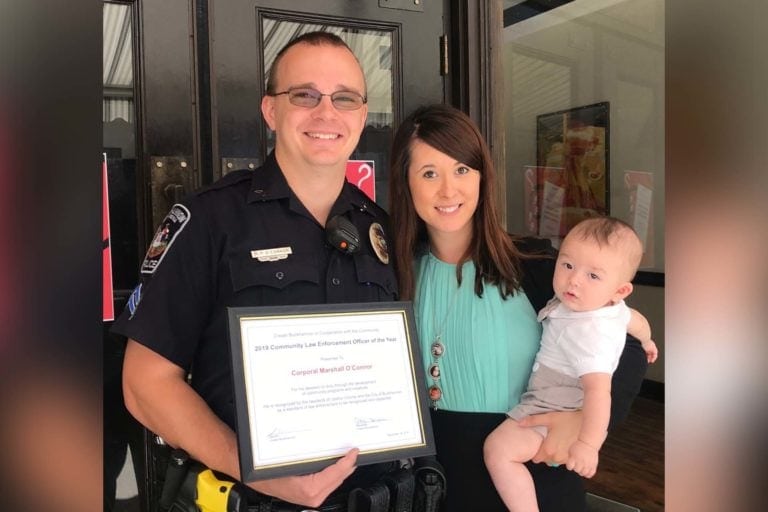 Buckhannon Police Officer Corporal Marshall O’Connor, wife, Tiffany O’Connor, and son, Jayden.