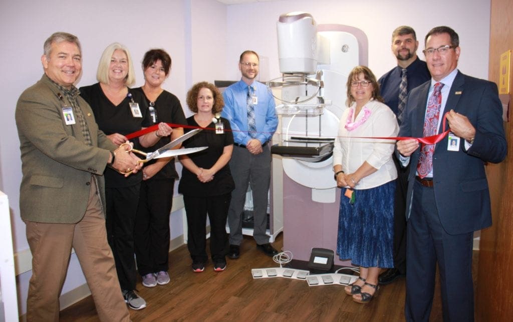 St. Joseph’s Hospital recently held a ribbon cutting for their new mammography technology. Pictured, left to right: Skip Gjolberg, President; Mammography Technicians-Kay Ling, Nancy Dale, Toni Snyder; Russ Plywaczynski, Director of Finance; Kimberly Farry, MD; Tom Nestor, Director of Radiology; and Rodney Baker, Vice President of Ancillary Services & Physician Practices.
