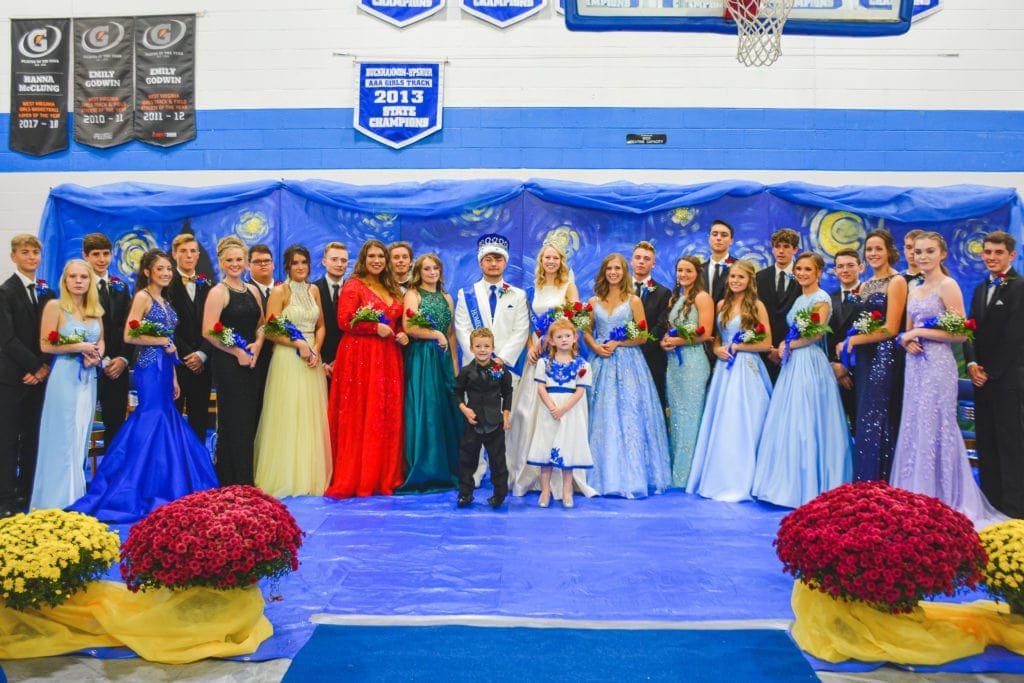 The 2019 B-UHS Homecoming Court, pictured from left, are freshman escort Joshua Gregory, freshman attendant Skye Farrar, sophomore escort Luke Bohnsack, sophomore attendant Mashae Bowser, junior escort Nathan Allen, junior attendant Laikelyn Leggett, junior escort Cameron Snider, junior attendant Lindsay Robinson, senior escort Brian Ice, senior attendant Payton Knicely, senior attendant Samuel Walker, senior attendant Madison Wamsley, Homecoming King Jared Propst, Homecoming Queen Jessica Lane, senior attendant Caitlyn Wendling, senior escort Trenton Westfall, senior attendant Kennedi Lewellyn, senior escort Logan Leigh, senior attendant Kaya Knabenshue , senior escort Dawson Carpenter, junior attendant Leah Moore, junior escort Ashton Post, sophomore attendant Kloey Chapman, sophomore escort Clayton Ware, freshman attendant Rachel Lee and freshman escort Alex Lynch. Also pictured in front are flower girl Jazmin Davison and crown bearer Parker Wamsley.