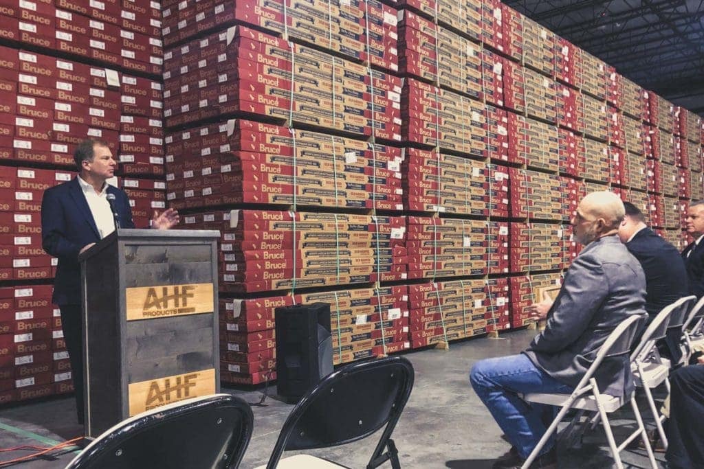 AHF Products CEO and President, Brian Carson, addresses a crowd at the ribbon cutting event to celebrate AHF Products’ completed expansion.