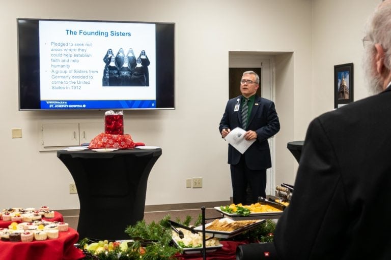 St. Joseph's Hospital administrator Skip Gjolberg announces the hospital foundation's 2019-2020 fundraising campaign -- Every Heartbeat Matters -- at an event Thursday evening.