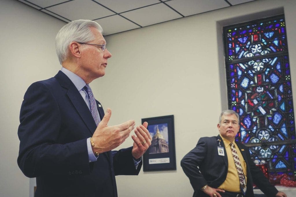 West Virginia Hospital Association president Joe Letnaunchyn, left, and St. Joseph's Hospital Skip Gjolberg discuss healthcare priorities in the upcoming state legislative session.