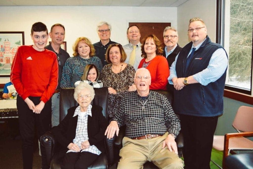 Mon Health Stonewall Jackson Memorial Hospital Robert Thomas and wife Jackie, seated on the left, are surrounded by the couple’s five children; and other family members during the reception honoring Thomas after 60 years of service to the Weston hospital.