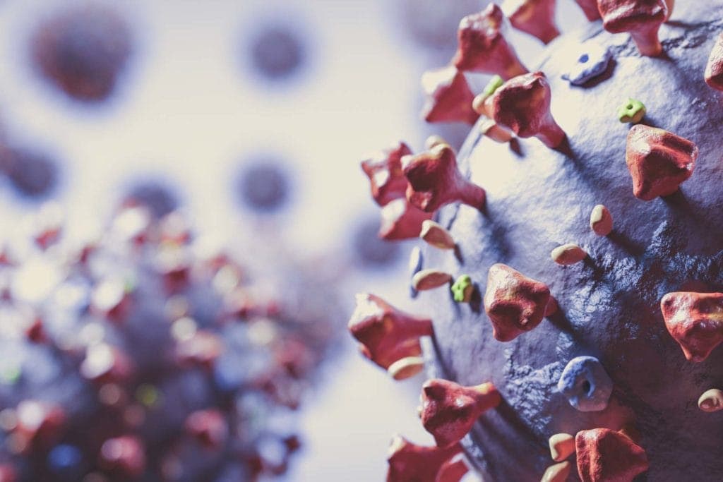 Coronavirus cells in microscopic view. Virus from Wuhan casusing pandemic around the world. 3D render