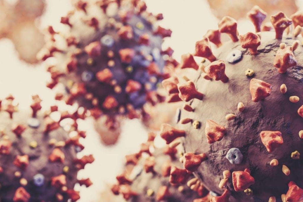 Coronavirus cells in microscopic view. Virus from Wuhan casusing pandemic around the world. 3D render