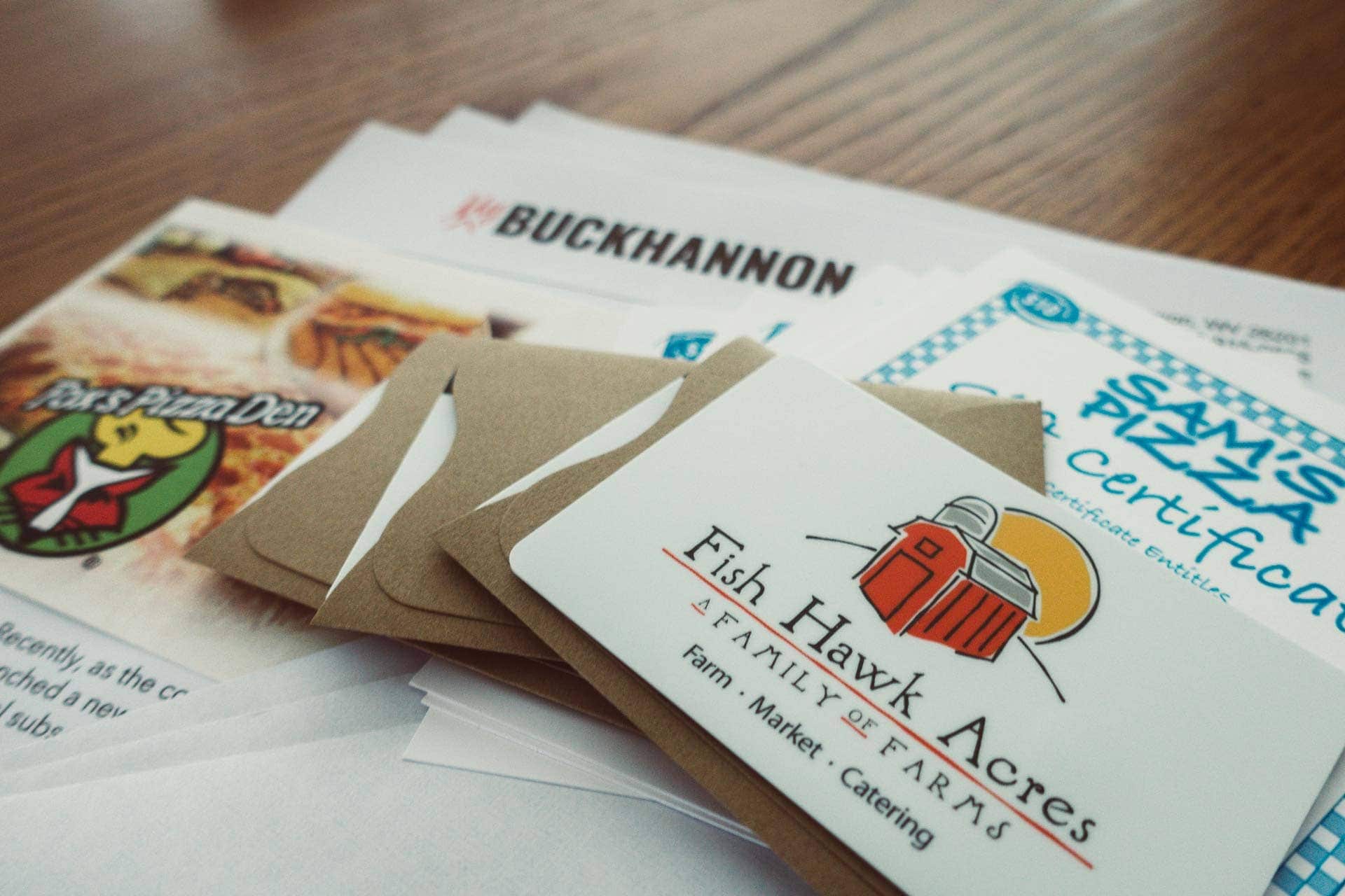 A batch of gift cards about to go out in the mail. Subscribe ot My Buckhannon today and get a $25 gift certificate to a local business of your choice!