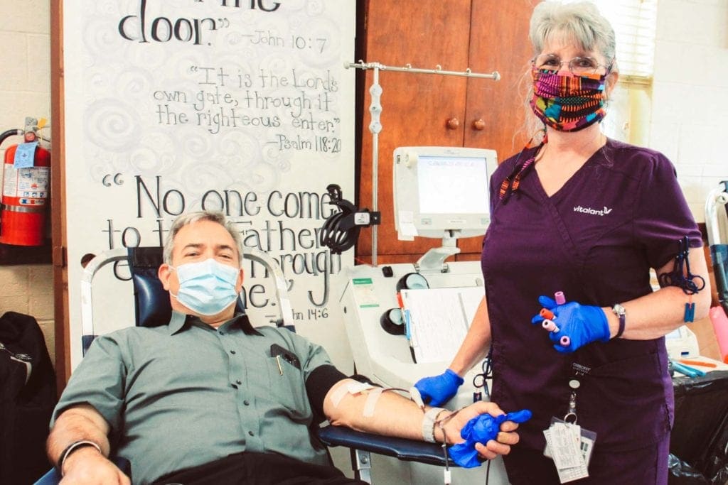 St. Joseph's Hospital Administrator Skip Gjolberg donates blood at a recent drive held in partnership with the Rotary Club of Buckhannon-Upshur.