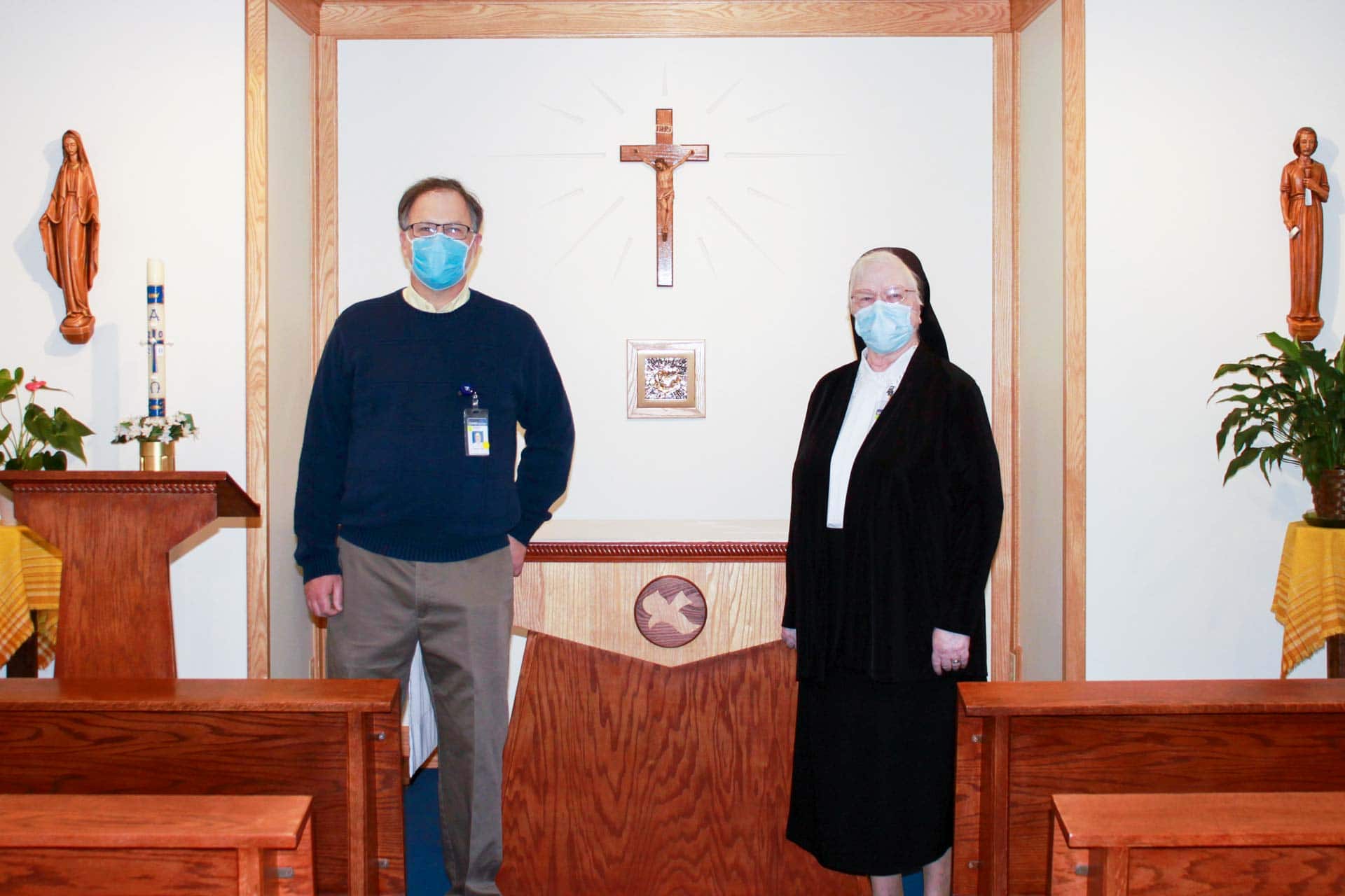 Hospital Chaplain Barry Moll and Sister Francesca Lowis, Vice President of Mission Integration, in the hospital’s chapel.
