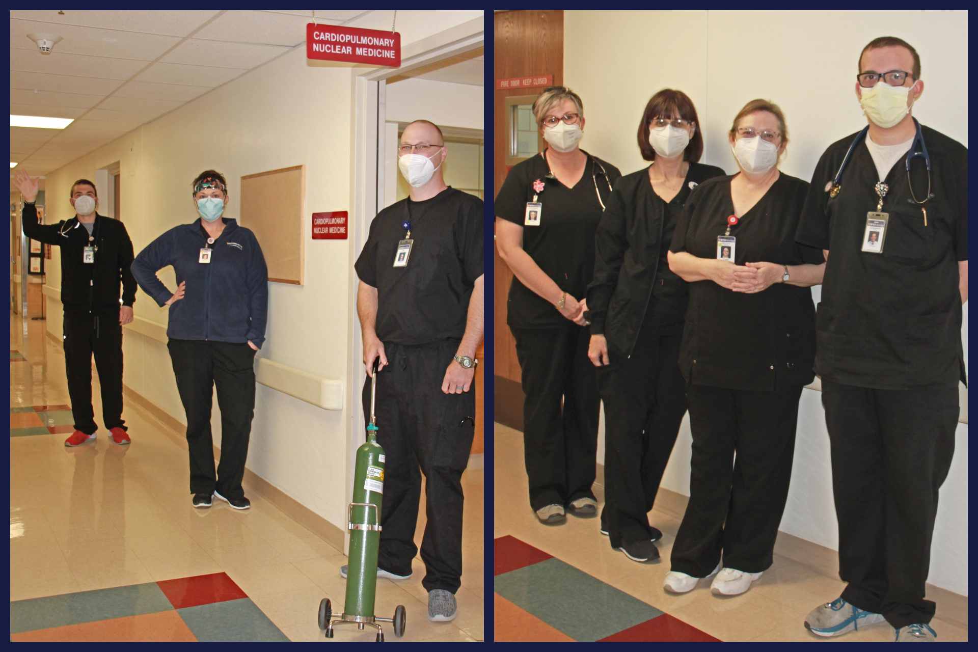 At left, from left to right: Registered Respiratory Therapists Jonathan Neal, Brandi Brown and Jim Kupfer. At right, from left to right: Registered Respiratory Therapists Stephanie Arden, Julie Neff, Kelly Ferren and John-Mark Ware.