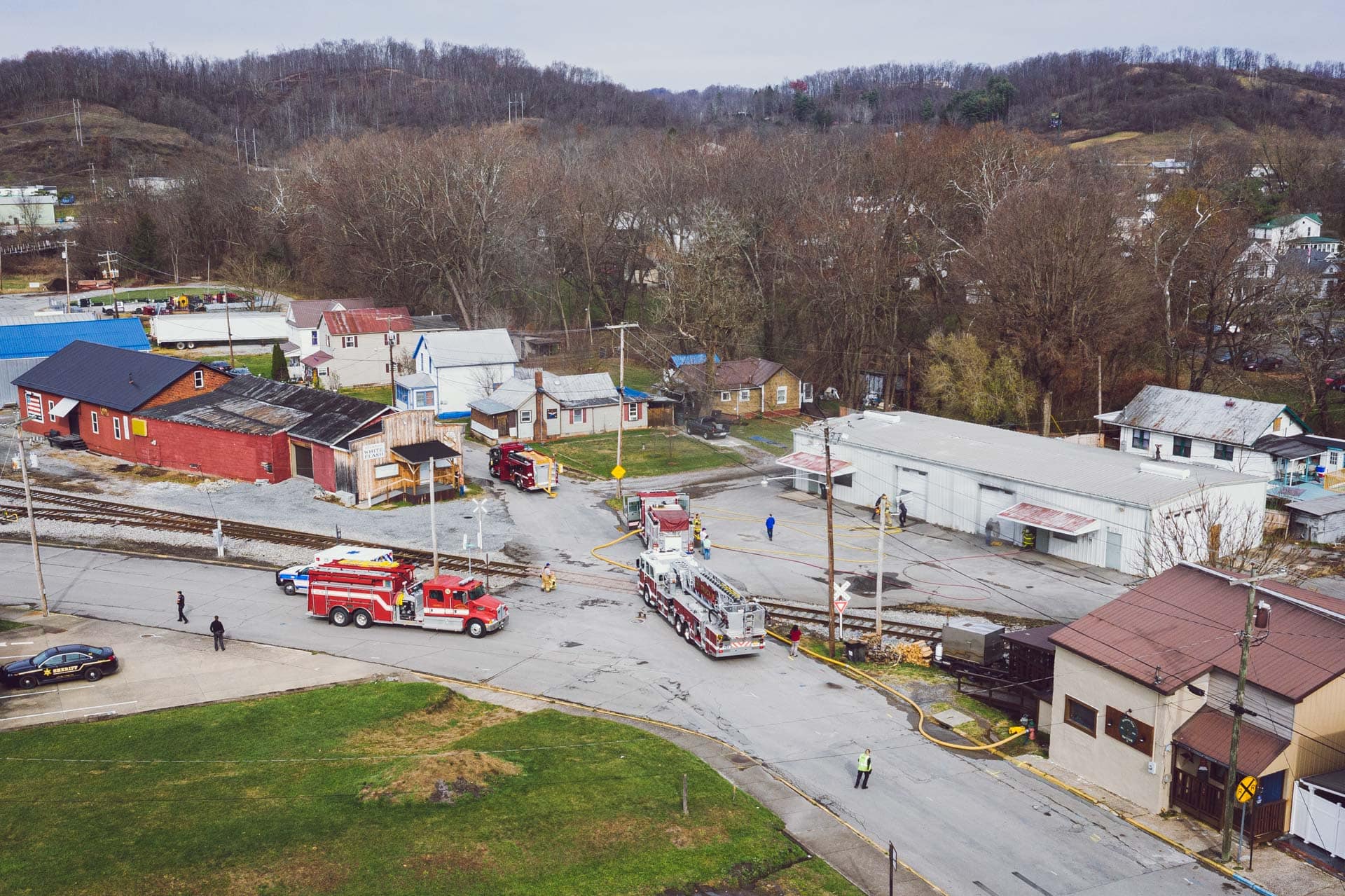 The Buckhannon Fire Department responds to a fire that broke out at a warehouse on North Spring Street just before 12:30 p.m. Sunday.