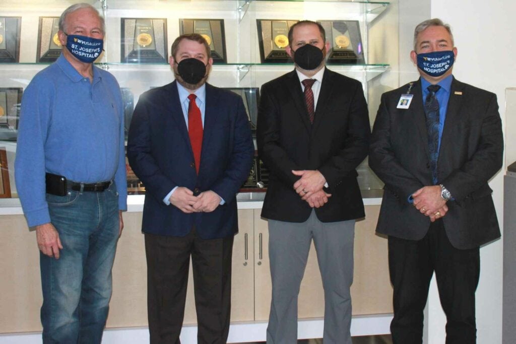 From left to right: Photo, left to right: Don Nestor, Vice President of St. Joseph’s Hospital Foundation; Jason Minsker, President of Buckhannon Toyota; Kip Cottrill, General Manager of Buckhannon Toyota; and Skip Gjolberg, President of St. Joseph’s Hospital.