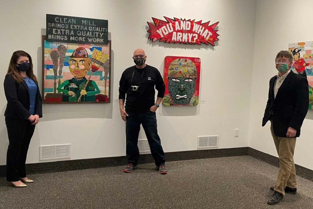 Pictured from left are ART26201 member Erika Klie Kolenich, artist Robert Villamagna and ART26201 member Bryson VanNostrand. / Photo courtesy City of Buckhannon