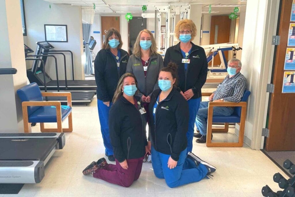 Members of the Mon Health Stonewall Jackson Memorial Pulmonary Rehabilitation Department prepare to celebrate Pulmonary Rehab Week in March. Pictured above, kneeling Kristi Gannon, RN, and Cassandra Hinzman; standing left to right Peggy Burkhammer, Tiffany Lowther, RN, and Susan Carpenter. Not pictures are Marion Bennett, RN, and Tammy Clark, RN.