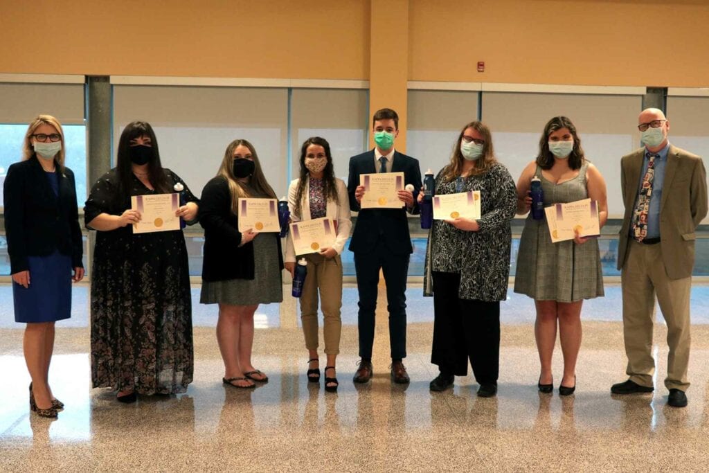 Spring 2021 inductees to Glenville State College’s Kappa Omicron chapter of international education honor society Kappa Delta Pi (l-r) -- KDP Counselor Dr. Gerda Kumpiene, Brittany Koutsunis, Raven Friend, Cali Hayes, Nic McVaney, Lori Ray, Caroline Tinnel, and KDP Counselor Dr. Jeff Hunter.
