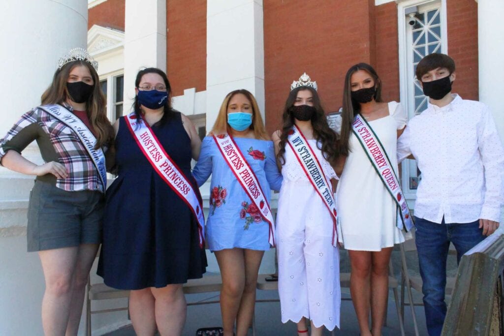 Strawberry Court, from left to right: visiting royalty West Virginia Association of Fairs and Festivals Queen Breanna Pekula, Hostess Princess Johnnie-Jo Hovis, Hostess Princess Victoria Gifford, Teen Queen Madison Stellato, Queen Caylie Simmons and King JD Born.