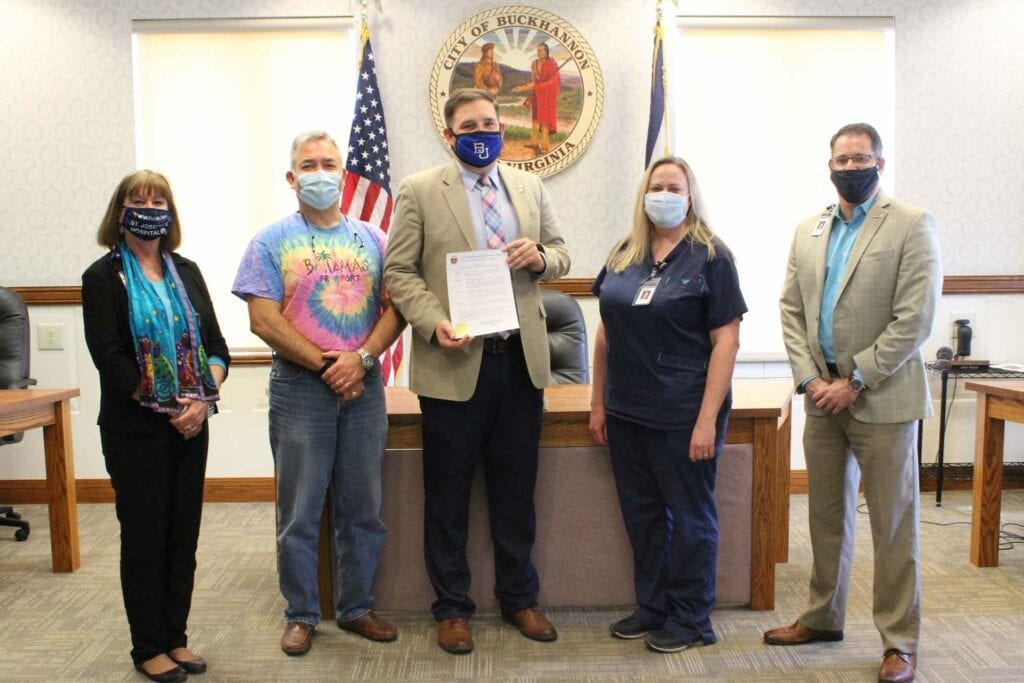 Left to right: Lisa Wharton, Vice President of Marketing, Public Relations & Foundation; Skip Gjolberg, President of St. Joseph’s Hospital; Misti Elmore, RN, Director of Emergency Department and Outpatient Services; Rodney Baker, Vice President of Ancillary Services and Physician Practices.