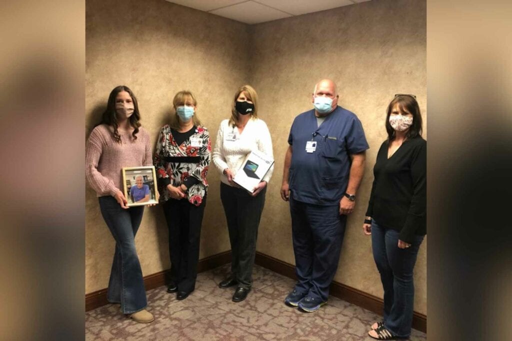 Pictured above is a photo of Tex. E Walton being held by his granddaughter, NinaMae Coberly, with Lesa Corley, RN, Dana Gould, Broaddus Hospital CEO, Dave Strait, RN, and Sheila Perry.