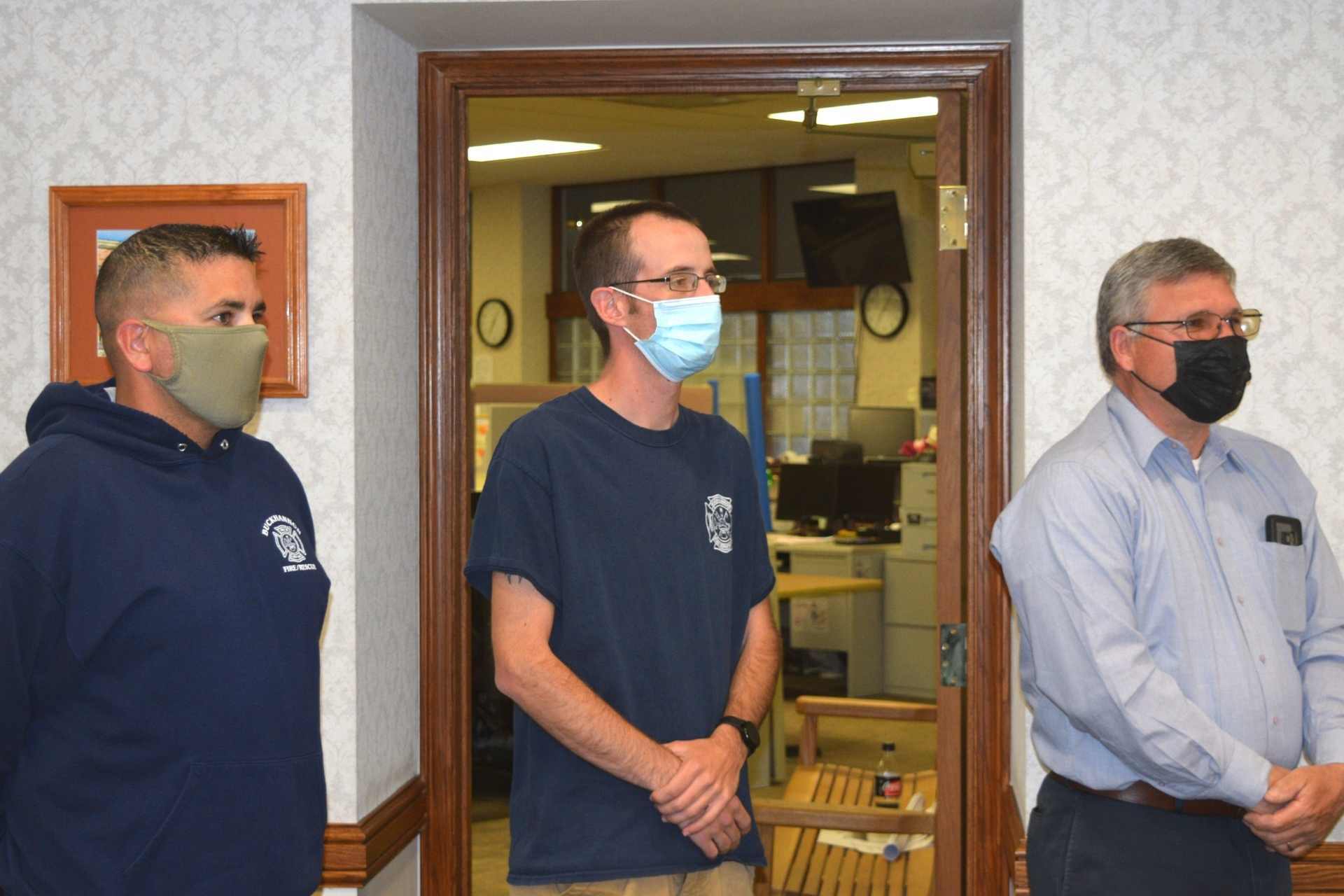 Three volunteers with the Buckhannon Fire Department spoke during the May 6 Buckhannon City Council meeting showing their support for the addition of three full-time paid firefighters. Pictured are Glen Davis, Travis Dean and Brian Chidester.