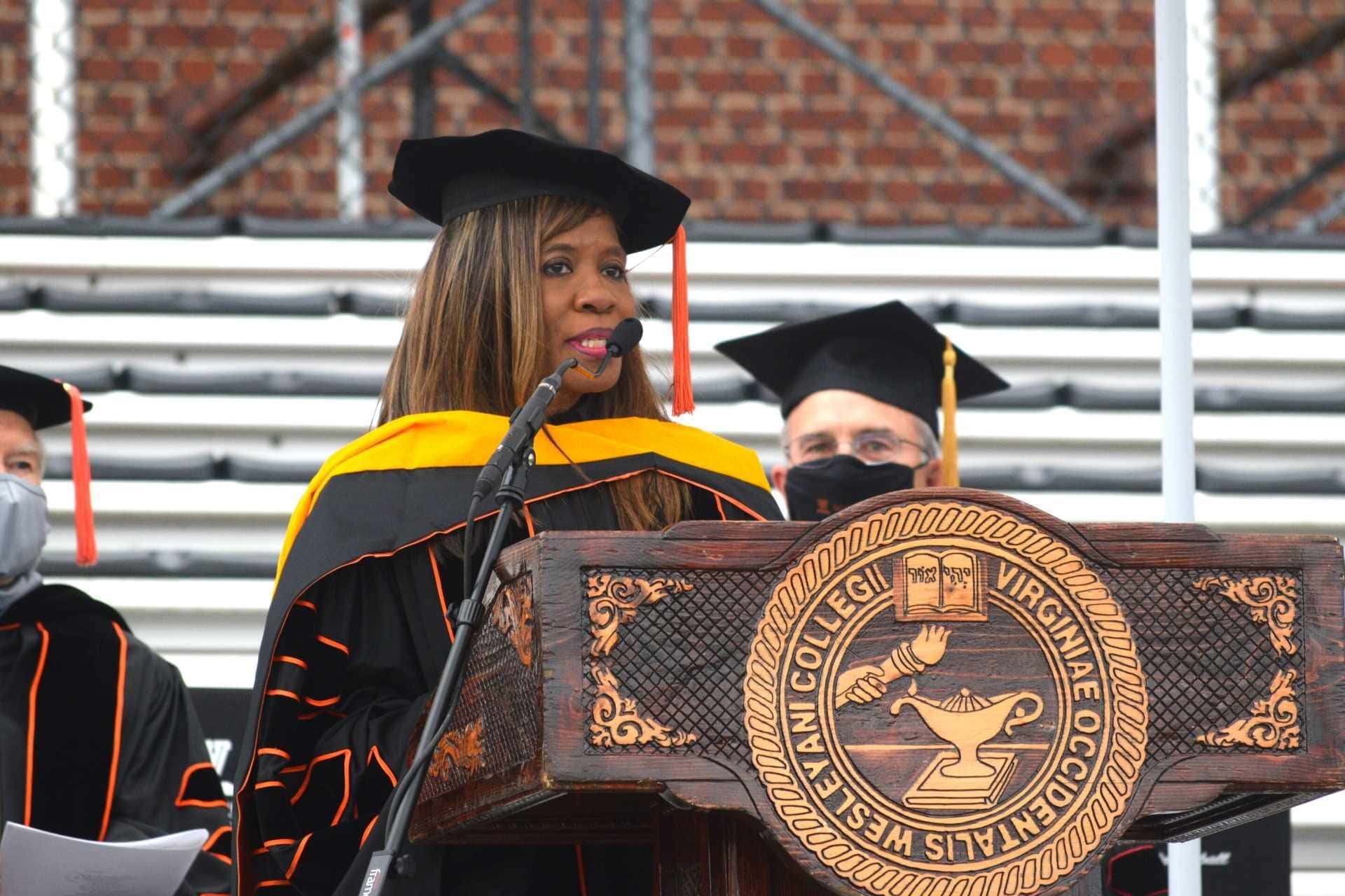 Dr. Patrice Harris delivers the commencement address at West Virginia Wesleyan College Sunday. Harris was the first Black woman to serve as president of the American Medical Association and received a Doctor of Humane Letters as an honorary degree. Nearly 200 students received their diplomas during the ceremony held outside on Cebe Ross Field.