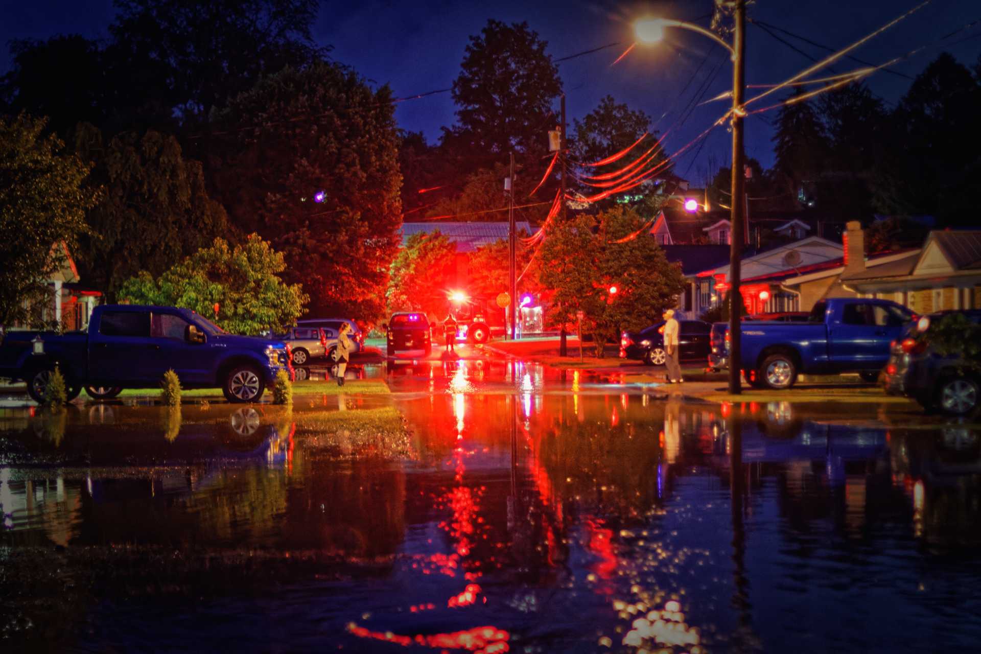 The Buckhannon Fire Department is stationed at the corner of Gum and Kepner streets Monday evening due to high water between that location and Boggess Street.