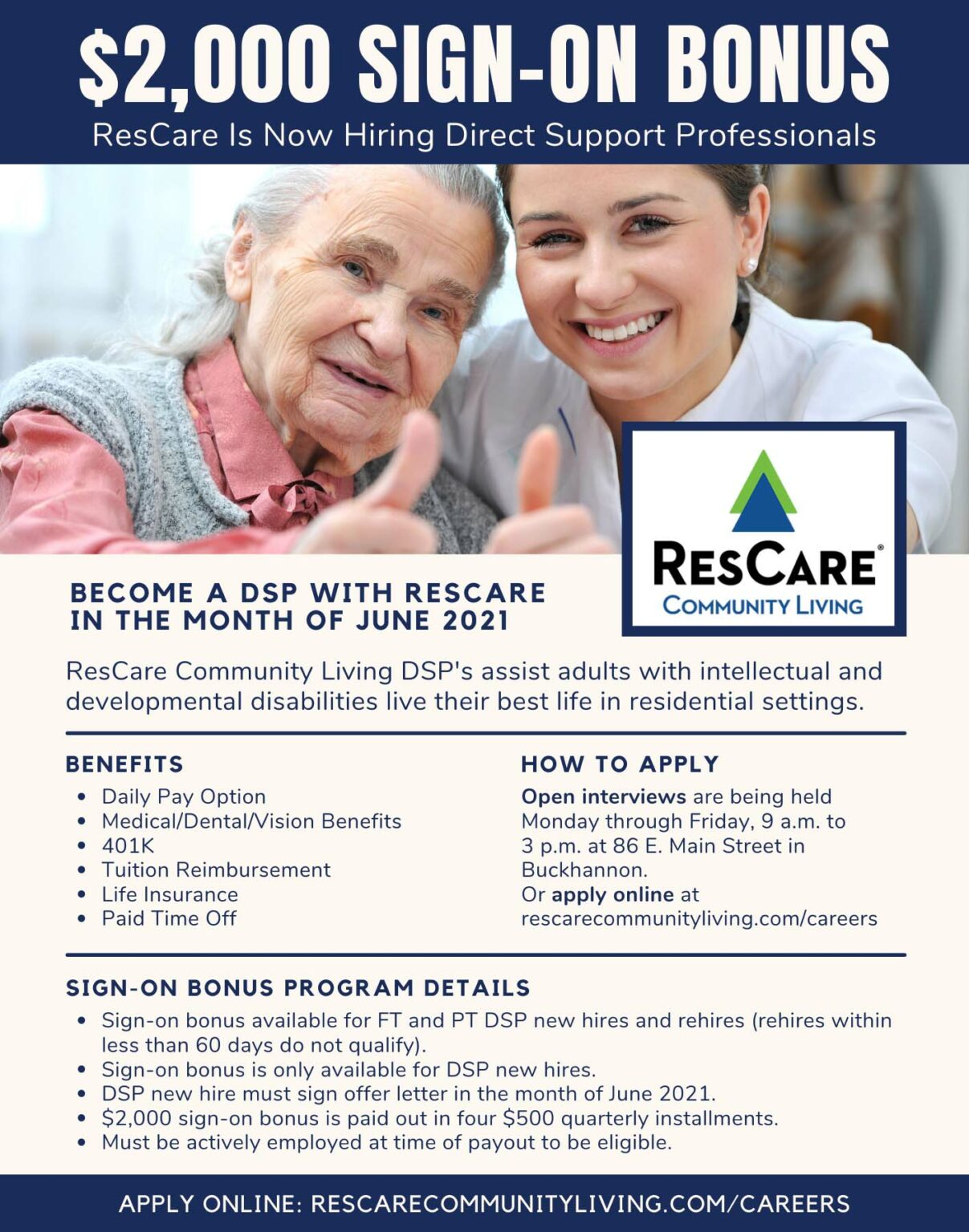 ResCare offering a 2,000 signon bonus for new DSP hires in June 2021