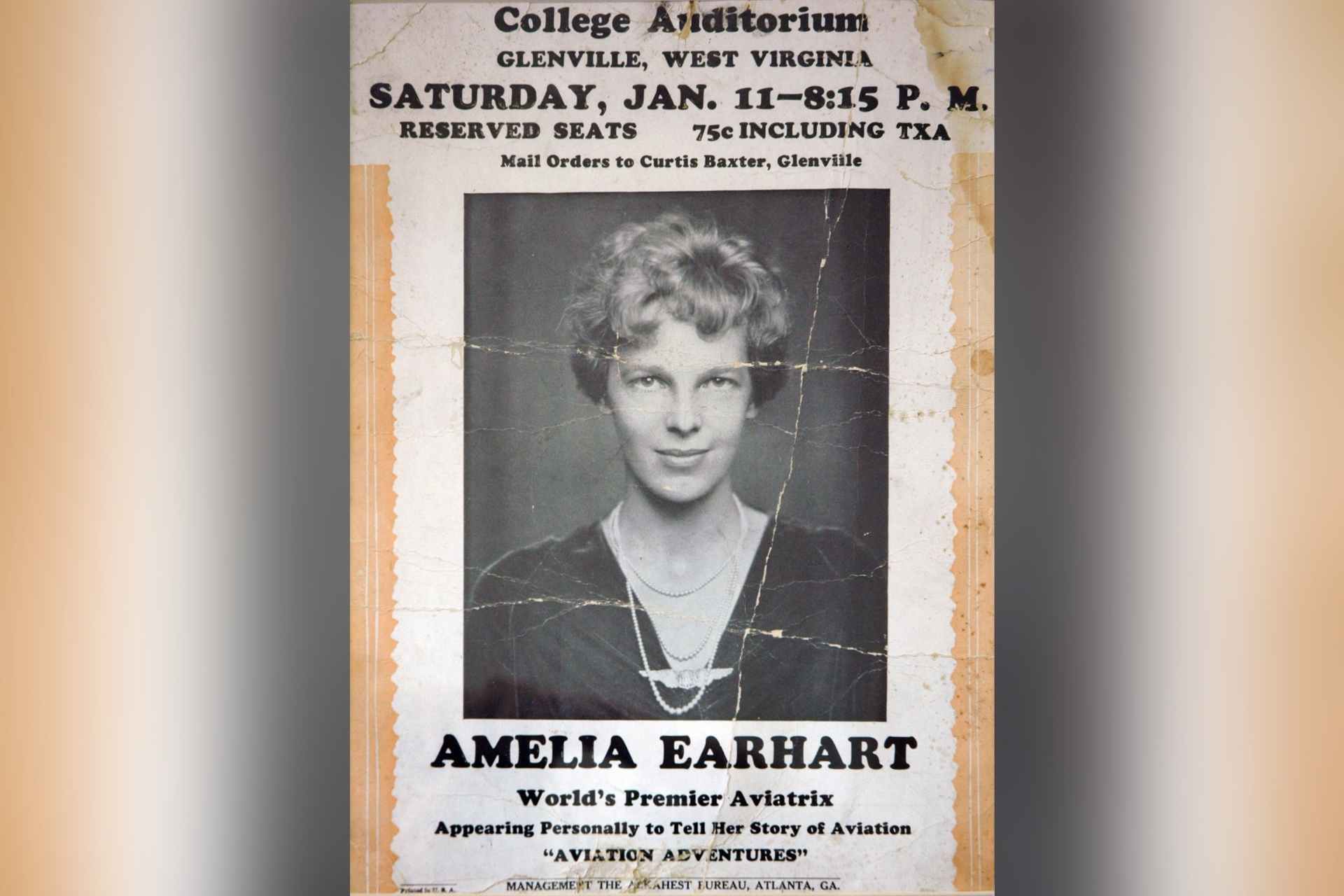 A poster advertising Amelia Earhart’s visit to Glenville State College in 1936.