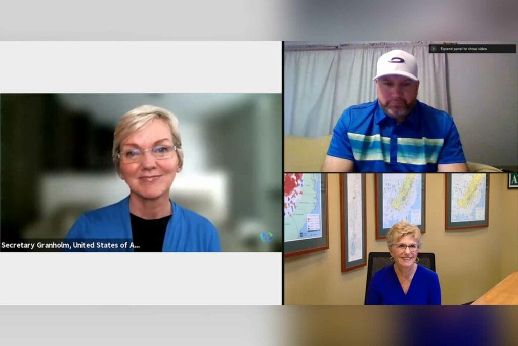 In this screenshot from Thursday, September 16, U.S. Department of Energy Secretary, Jennifer Granholm (left) is joined by Mayor of Matewan, West Virginia, Matt Moore (top right) and ARC Federal Co-Chair, Gayle Manchin (bottom right) during a virtual meeting of the Appalachian Regional Commission discussion on New Opportunities for Coal Communities.