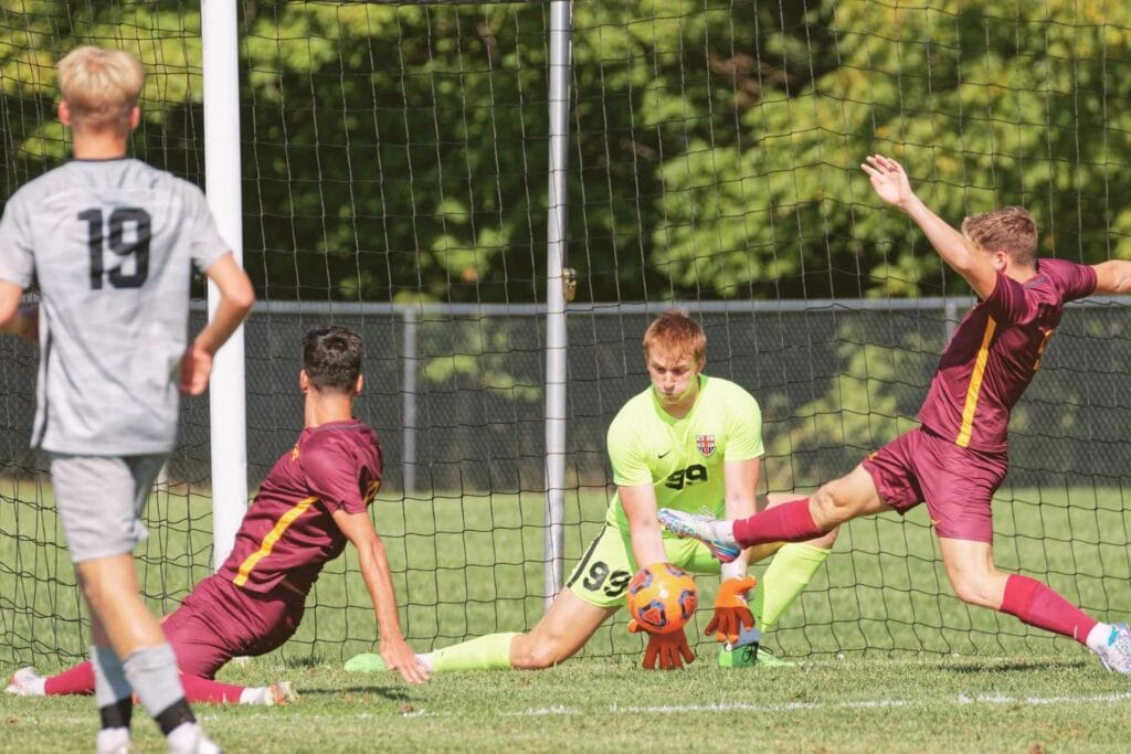 Wesleyan goalkeeper Logan Nelson had seven saves in Sunday's match against Charleston. (Brian Bergstrom/My Buckhannon)