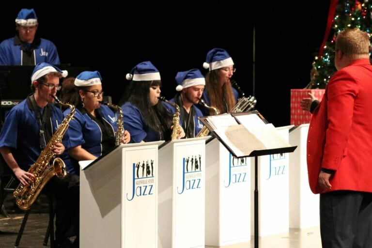 The Glenville State College Jazz Combo, under the direction of Dr. Jason Barr (right), performs jazz inspired holiday tunes at a previous concert.