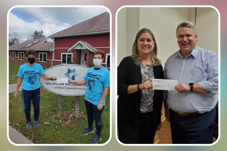 Heart and Hand (left): Eric Ruf, BCHA CEO presents a donation check in the amount of $1,800 to Brenda Hunt, Executive Director at Heart and Hand House, Inc. The funds will be used to help the organization feed roughly 400 individuals and families this Thanksgiving. Presbyterian Church (right): Denise Holbert (right), Belington Wellness Center Manager presents a donation check to Julie Feather (left), Belington Presbyterian Church representative. Belington Presbyterian Church received $1,800 in funds from the 10th annual Turkey Trot.