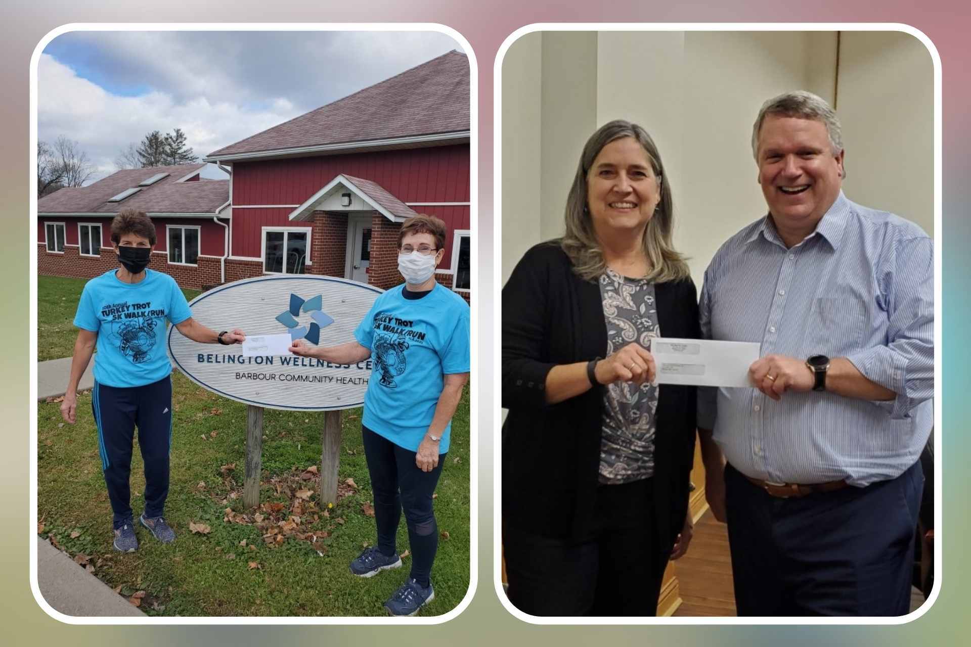 Heart and Hand (left): Eric Ruf, BCHA CEO presents a donation check in the amount of $1,800 to Brenda Hunt, Executive Director at Heart and Hand House, Inc. The funds will be used to help the organization feed roughly 400 individuals and families this Thanksgiving. Presbyterian Church (right): Denise Holbert (right), Belington Wellness Center Manager presents a donation check to Julie Feather (left), Belington Presbyterian Church representative. Belington Presbyterian Church received $1,800 in funds from the 10th annual Turkey Trot.