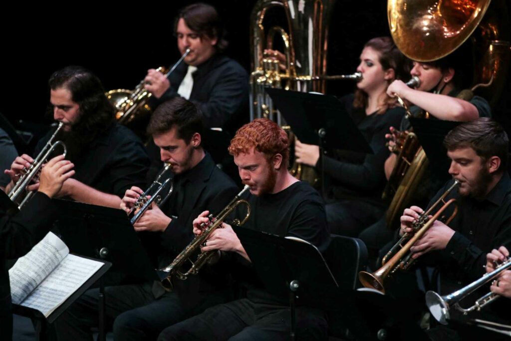 Members of the Glenville State College Brass Ensemble at a performance on campus. The Ensemble will bring songs of the season to the Meadowbrook Mall on Saturday, December 11.