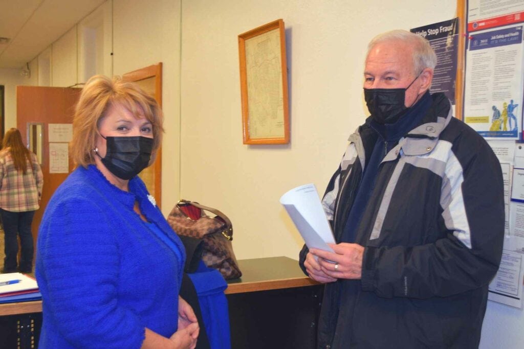 Upshur County Superintendent of Schools Dr. Sara Lewis Stankus and Foundation for Better Schools in Upshur County President and Founder Don Nestor await the election results in the courthouse Saturday night.