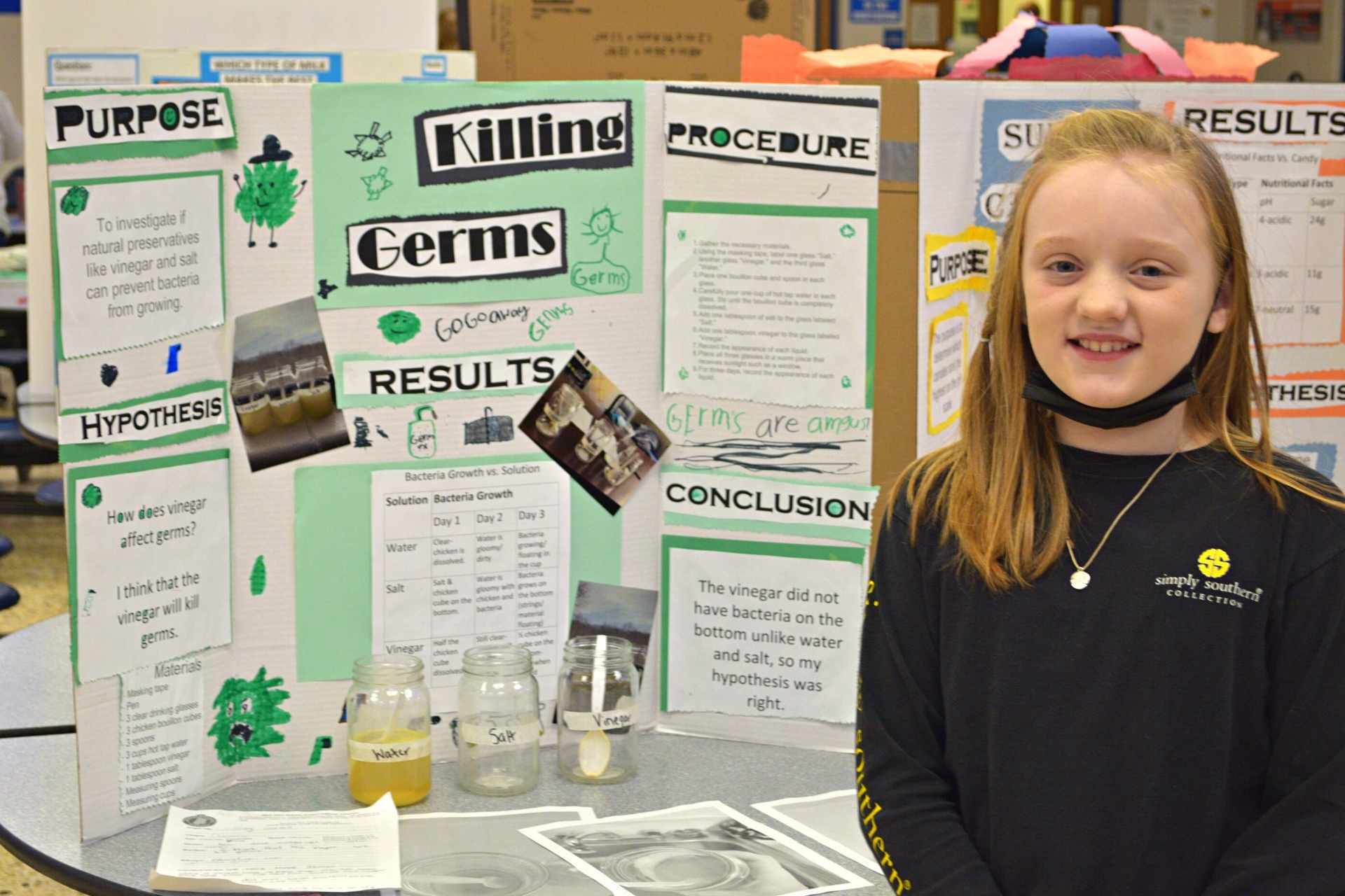 Paisley Holley, who attends Washington District Elementary School, where she is in 4th grade, completed a project about killing germs. Paisley will advance to the regional science fair as her project captured 2nd place in the chemistry category.