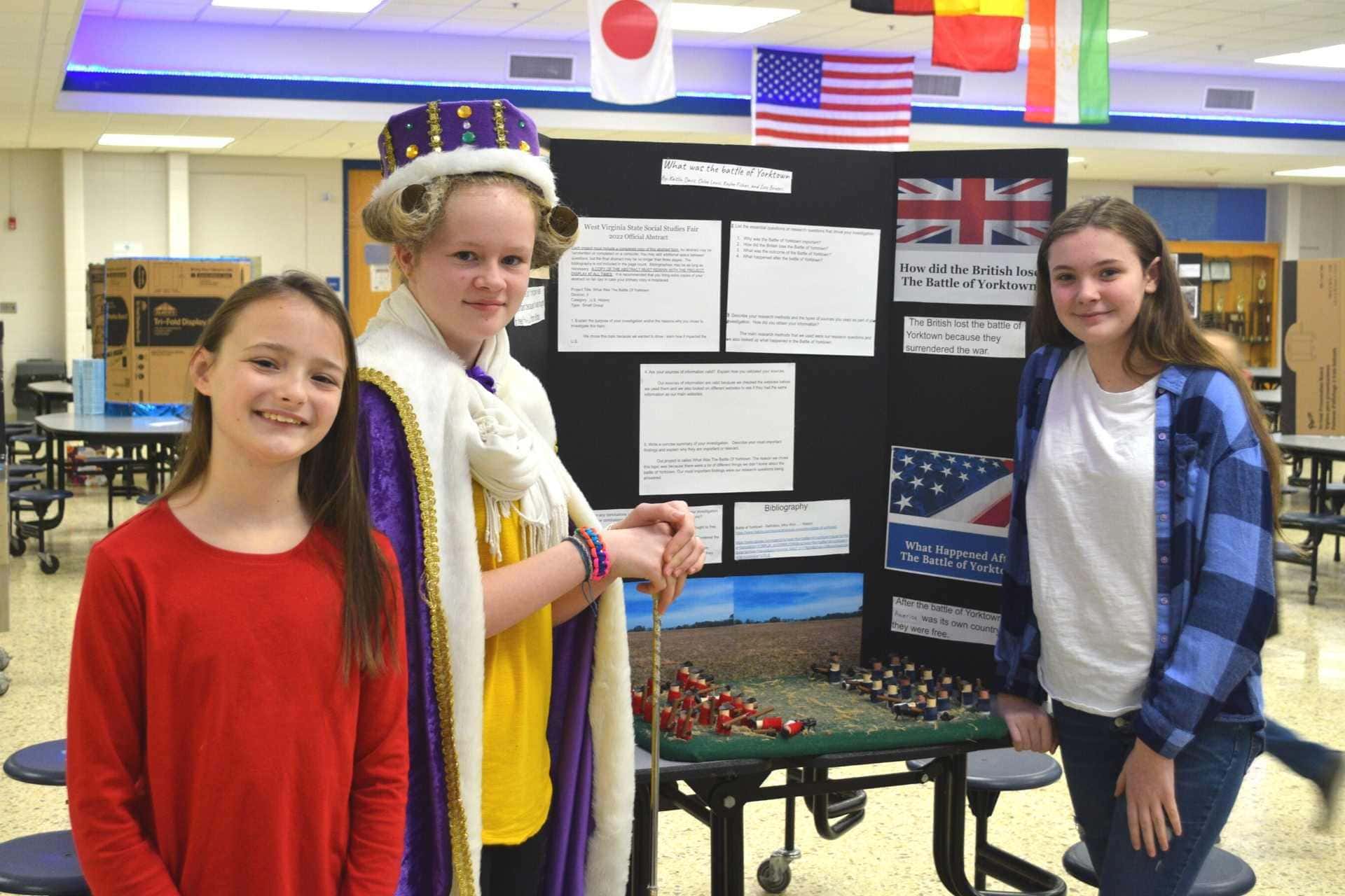 The Battle of Yorktown was one of the projects featured at Saturday’s Upshur County Social Studies Fair. Buckhannon-Upshur Middle School 6th grade students Kaitlin Davis, Isabella Bowers and Kaylee Fisher said they were inspired by the movie ‘Hamilton.’