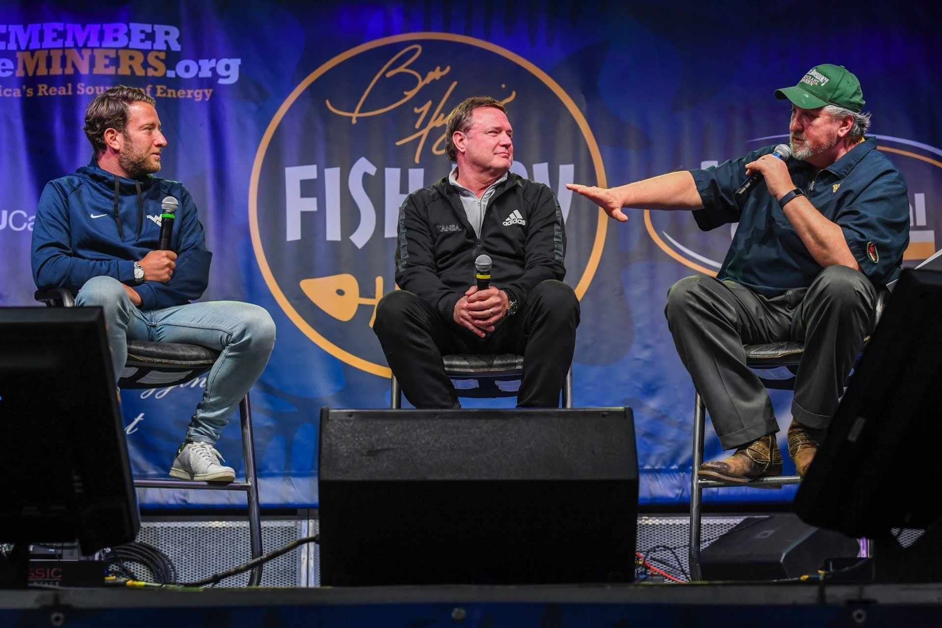 Barstool Sports founder Dave Portnoy (from left) and University of Kansas Men’s Basketball Coach Bill Self chat with WVU Men’s Basketball Coach Bob Huggins at the Fish Fry.