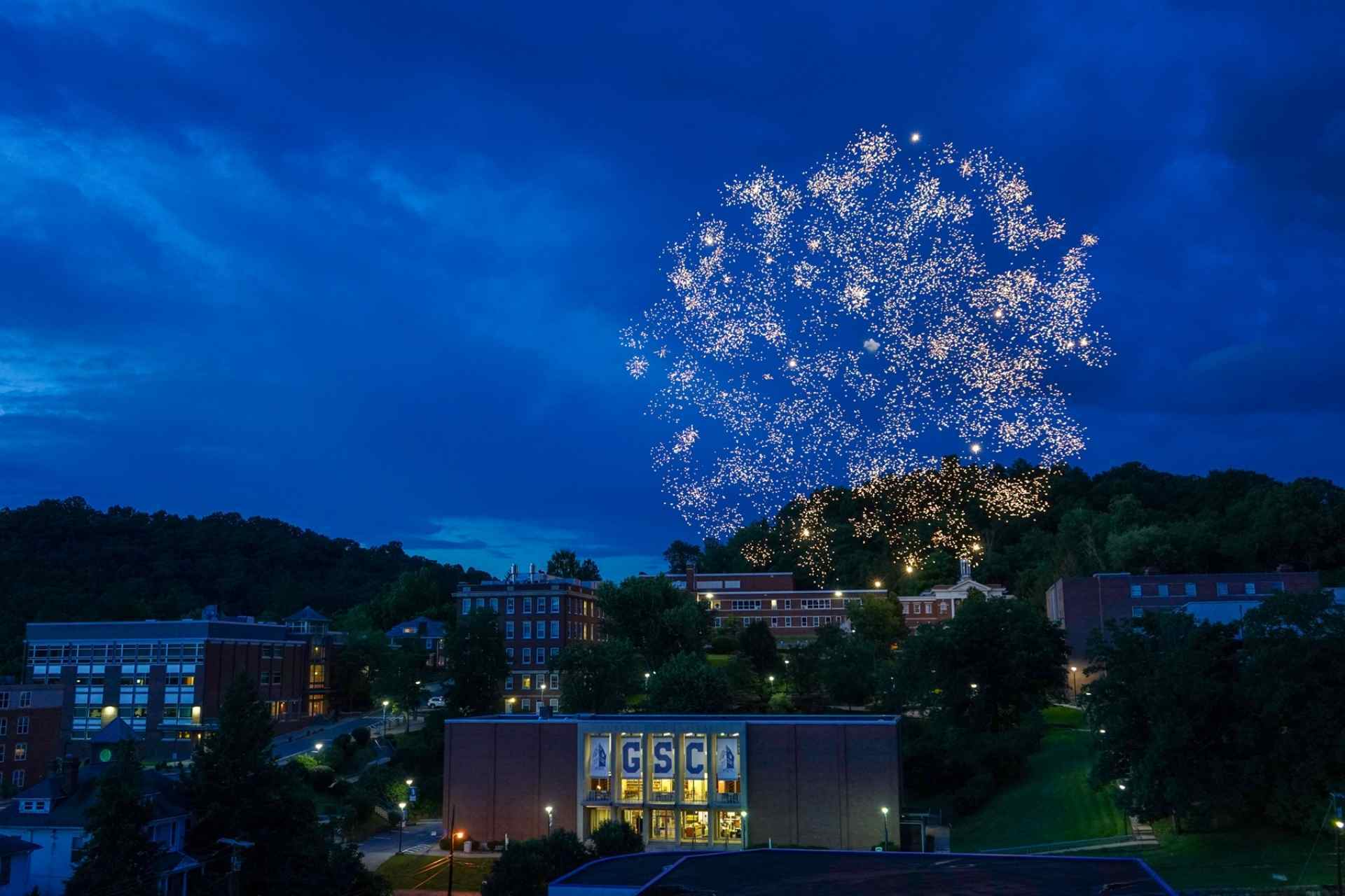 Fireworks light the sky over Glenville State College’s campus. The institution will celebrate its 150th anniversary on Saturday, February 19, 2022.