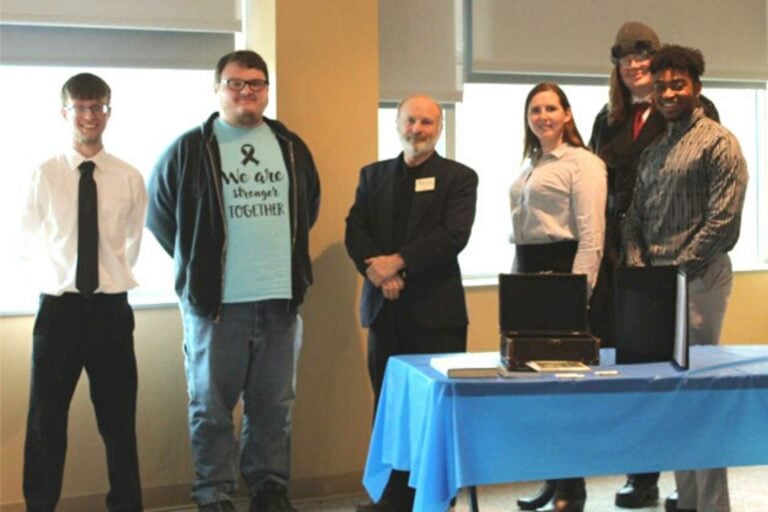 Several Glenville State College PBL representatives with the grand prize raffle winner from their Dress for Success Workshop. Glenville State student Ethan Veltre (second from left) was the raffle winner; he’s joined here by PBL members (l-r) Wesley Davis, Dr. Gary Arbogast, Sabrina Gonzalez, Jonathan Williams, and Marshawn Kelley. | Photo by Charles E. Gordon II (GP MediaGrp cgordon)