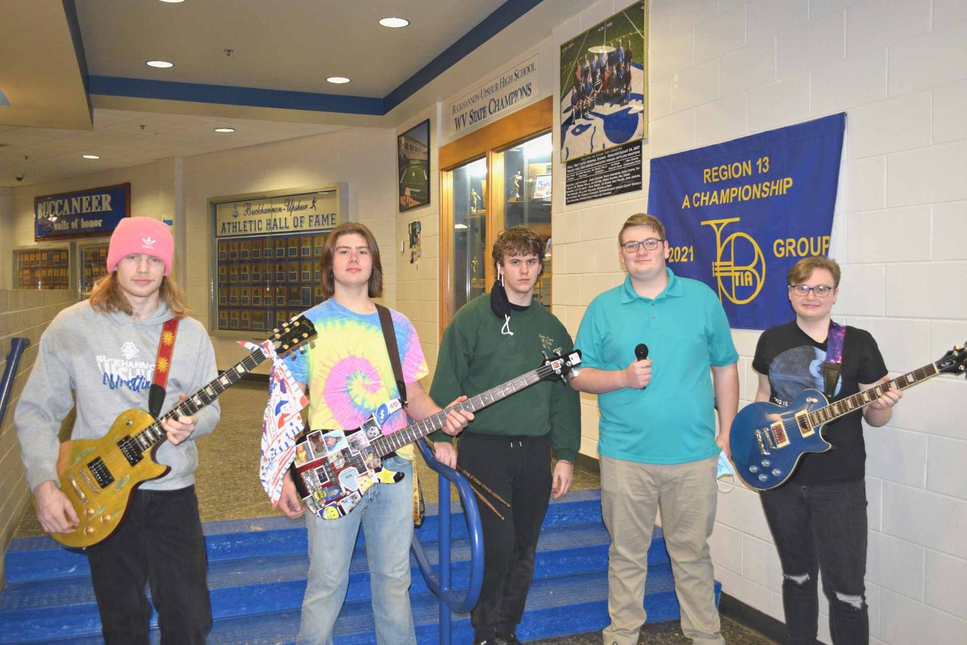 Buckhannon-Upshur High School offers a new class in music called ‘rock band.’ Pictured are class members Trevur THE WURST Randolph, a senior; senior John Hayes; junior Elijah Carr; Kayla Currence, a senior; and Dylan Fox, a senior. The band director at Buckhannon-Upshur High School is Eliza Taylor.