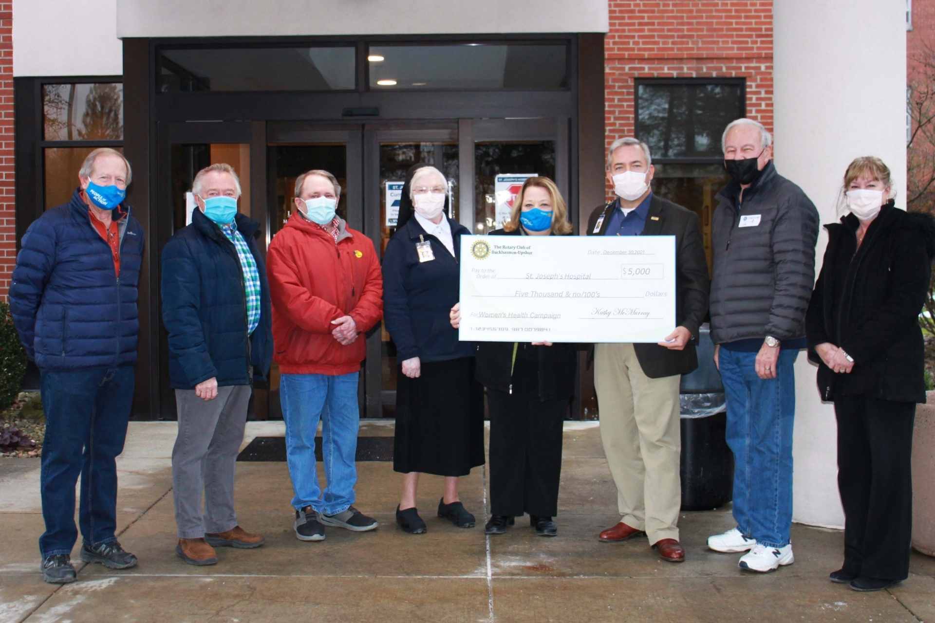 Pictured, from left to right: Steve Cain, Rotarian; Keith Buchanan, Rotarian; Steve Holmes, Foundation Board; Sister Francesca Lowis, Vice President of Mission Integration; Kathy McMurray, President of the Rotary Club of Buckhannon-Upshur; Skip Gjolberg, President of St. Joseph’s Hospital; Don Nestor Foundation Board and Rotarian; and Lisa Wharton, Vice President of Marketing & Foundation.